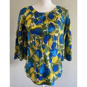 Rebecca Taylor Silk Blouse Shirt Blue Yellow Fruit Size 0